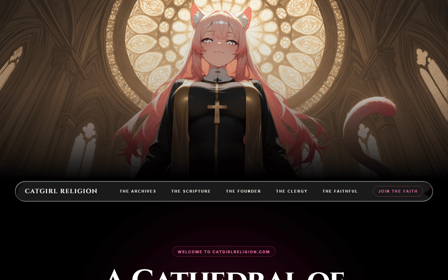 catgirlreligion.com hero with cathedral artwork and site navigation