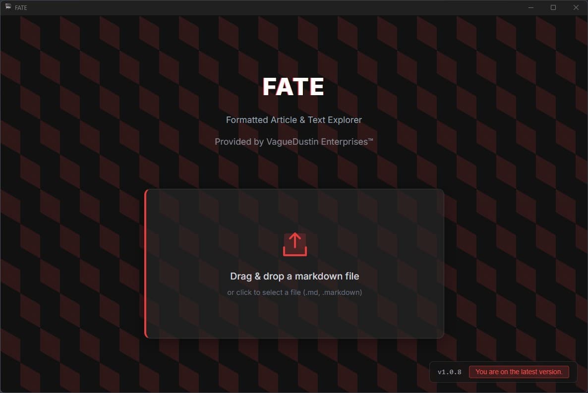 FATE Markdown Viewer app window with drag-and-drop file prompt