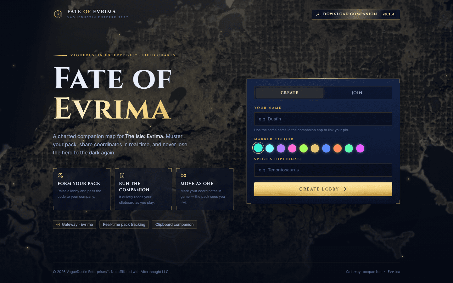 Fate of Evrima landing page with lobby creation panel over a themed map background