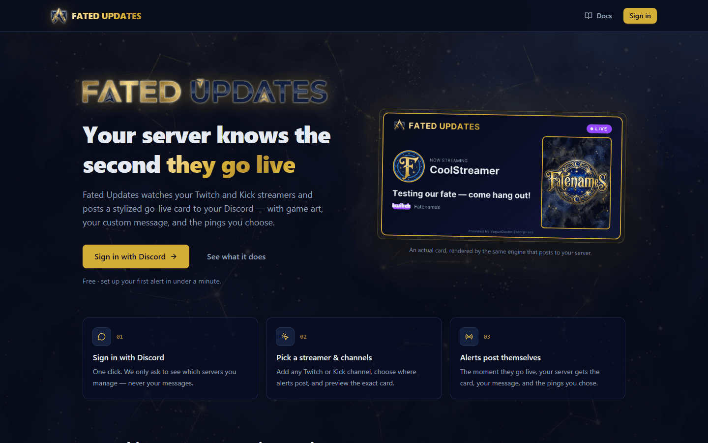 Fated Updates landing page showing a rendered navy and gold go-live card