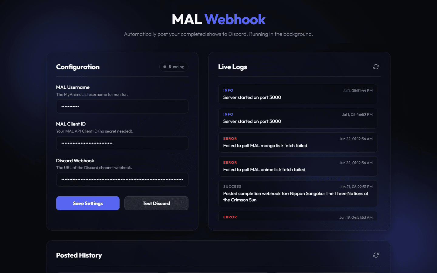 MAL Webhook dashboard with configuration panel and live logs