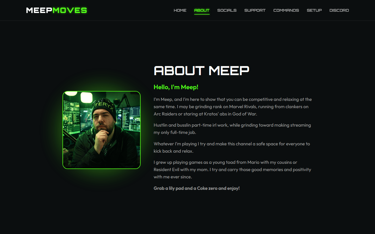 MeepMoves about page with neon green theming