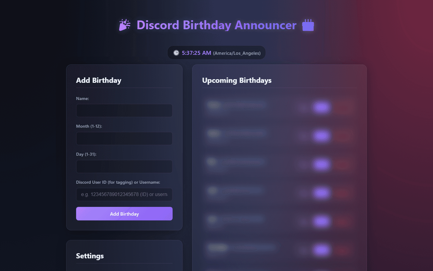 Discord Birthday Announcer dashboard with add-birthday form and upcoming list