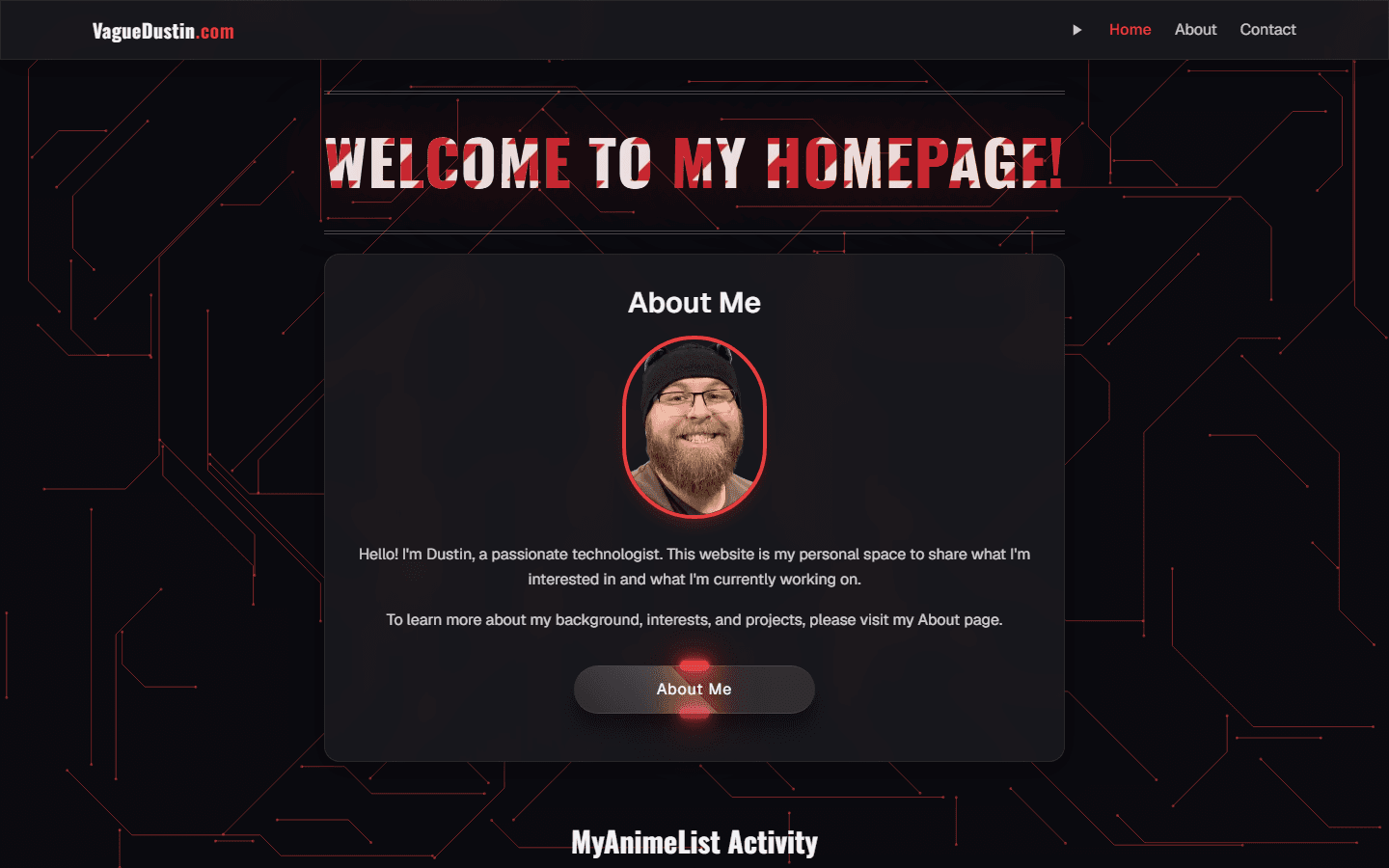 VagueDustin.com homepage with circuit background and glassmorphism cards